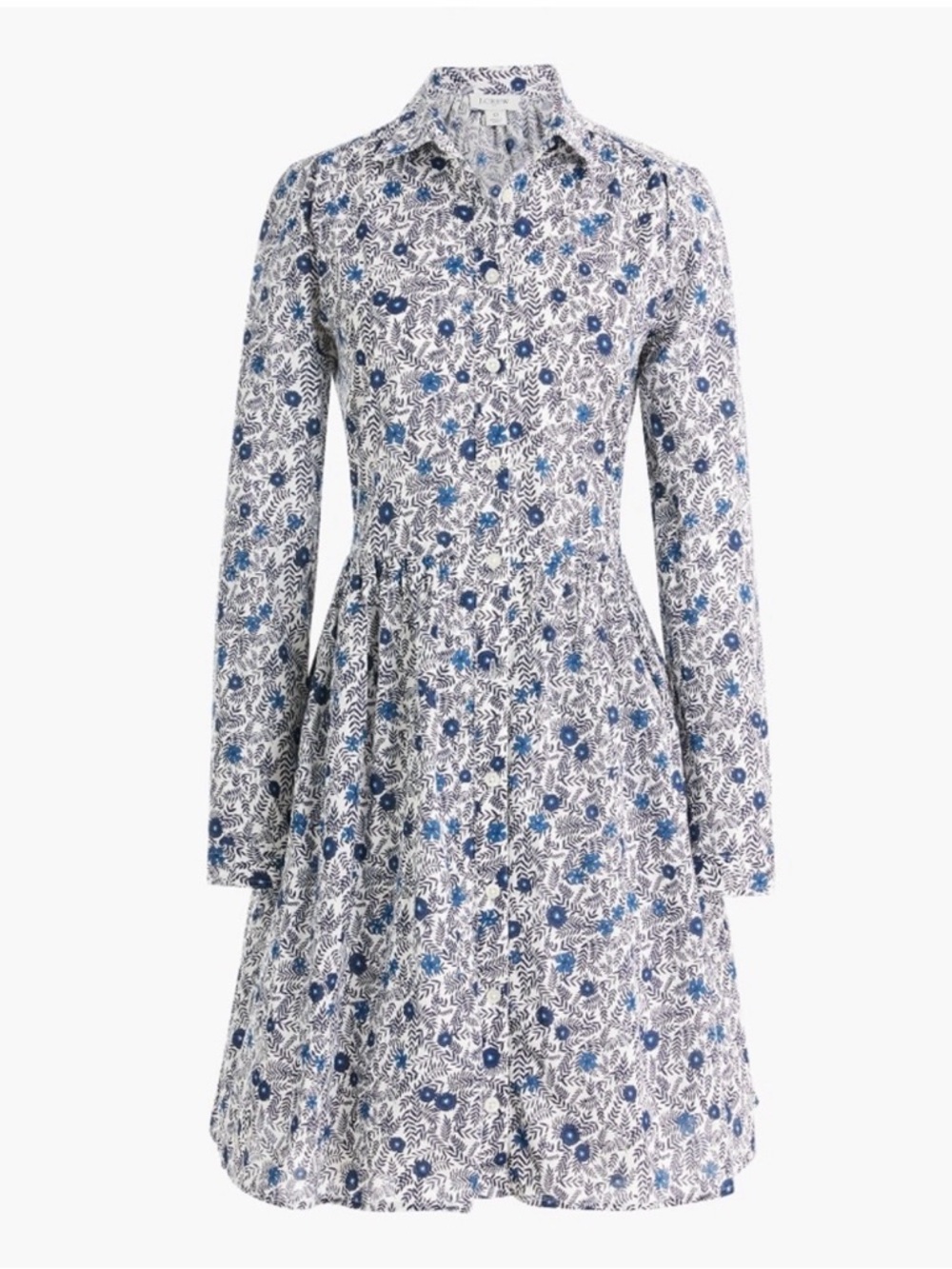 J. Crew Blue and White Floral Long-Sleeve Shirt Dress